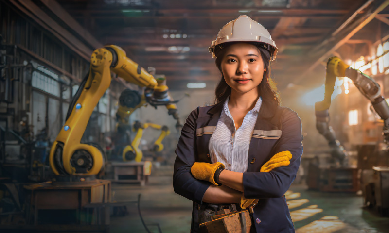 A person working in a factory alongside robot arms